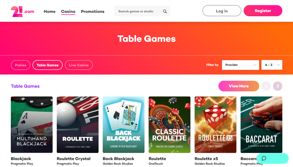 21.com Casino Table Games