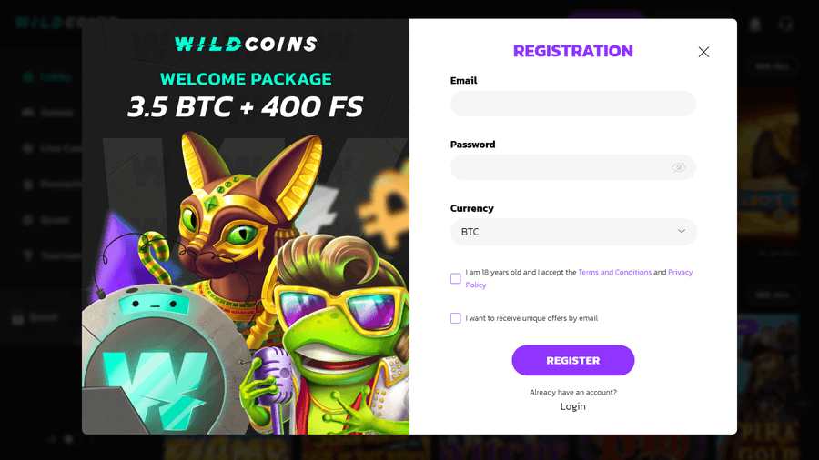 Wildcoins Casino Registration