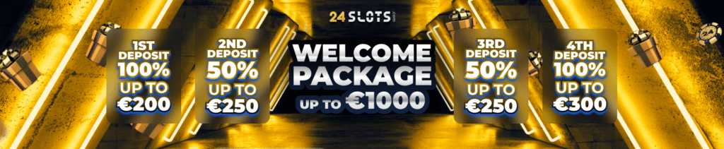 Image for the section Welcome Offer for New Players at 24slots. It shows information about the four deposit bonuses.