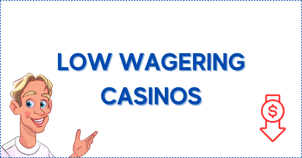 Image for the section Low Wagering. It shows the NZcasinoo mascot and a downwards-pointing arrow symbolising low rollover requirements on No Deposit Bonus casinos.  