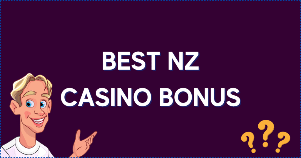 Image for the section What is the Best Casino Bonus in NZ? It shows the NZCasinoo mascot and three question marks.