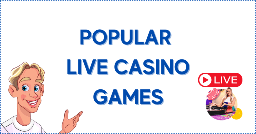 Image for the section Popular Live Casino Games in NZ. It shows the NZcasinoo mascot and an image of a live dealer with the text 'live' above their head.