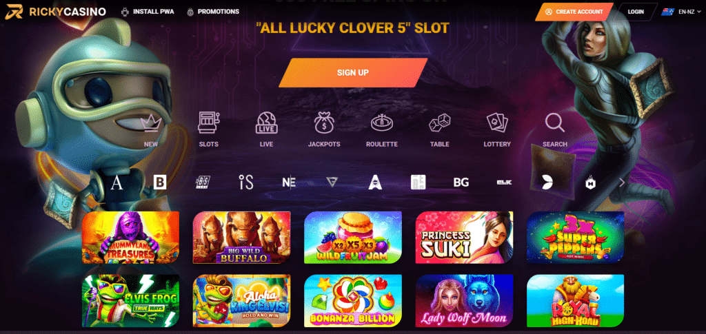 Image for the section Introduction to Rickycasino. It shows the homepage. 