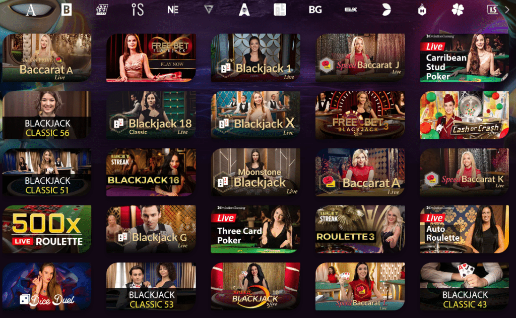 Image for the section Live Casino Games. It shows various live dealer games available on the site. 