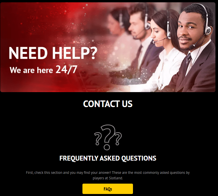 Image for the section Customer Support at Slotland. It shows the 24/7 customer support page of the casino.