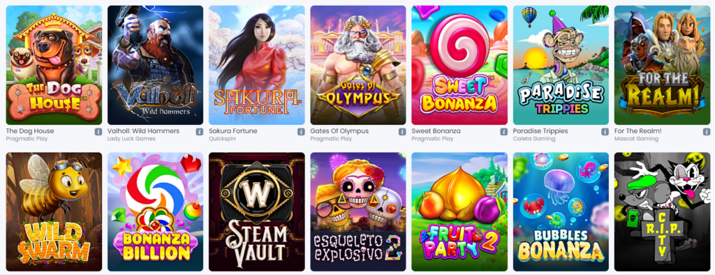 Image for the section Online Slots. It shows logos of several slot games you can play on this casino.